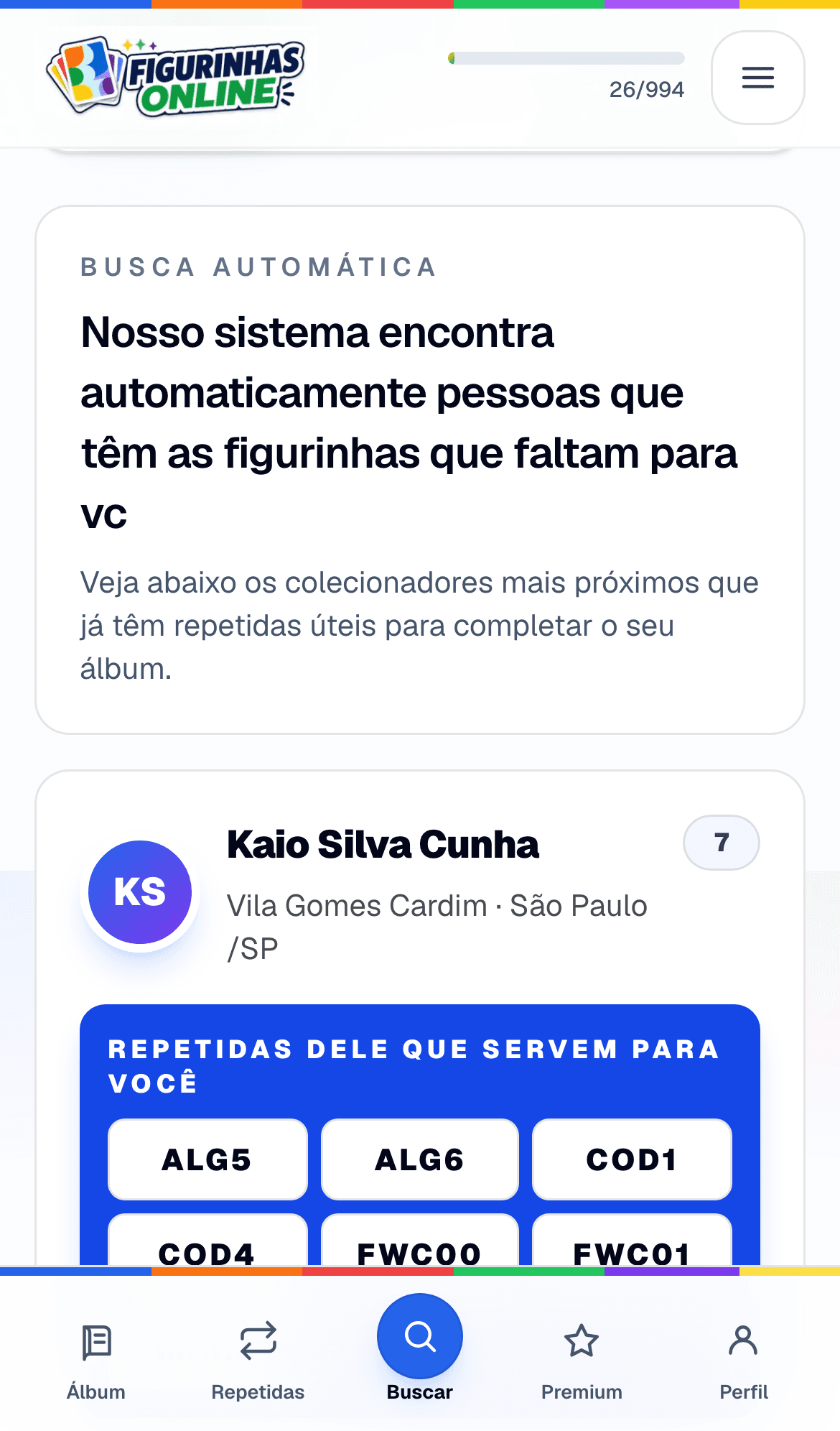 Tela mobile da busca automática do Figurinhas Online
