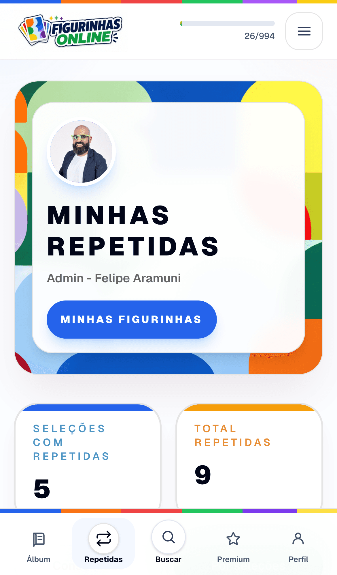 Tela mobile de repetidas do Figurinhas Online